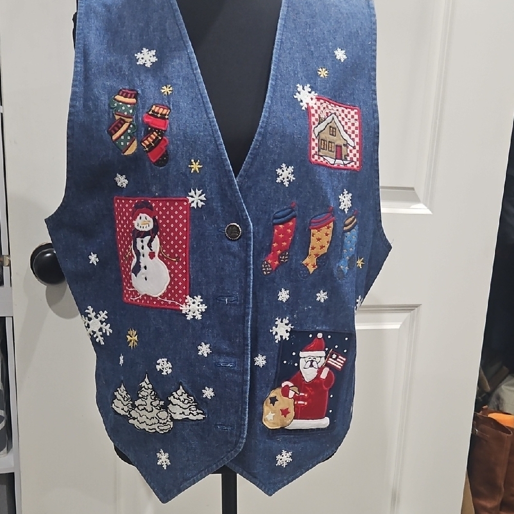 Karen Scott Blue Denim Vest with Red Lining